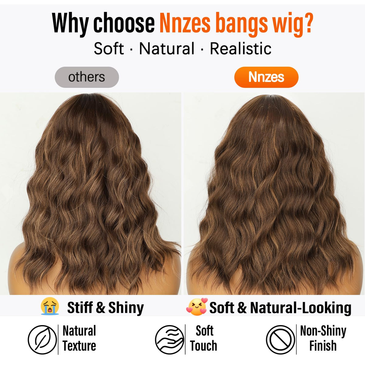 Nnzes Short Wavy Bob Wig with Bangs for Women Shoulder Length Curly Dark Brown with Purple Synthetic Heat-Resistant Fiber Hair for Daily & Party Use