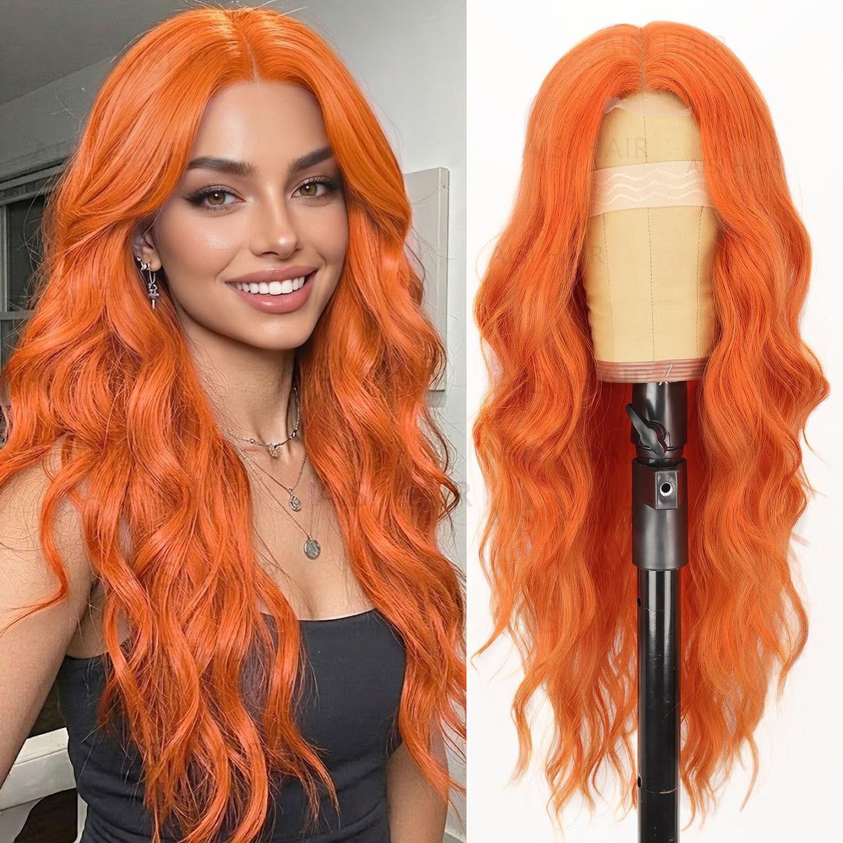 AISI HAIR Black Wig for Women, Long Wavy Lace Hairline Synthetic Wig 26Inch