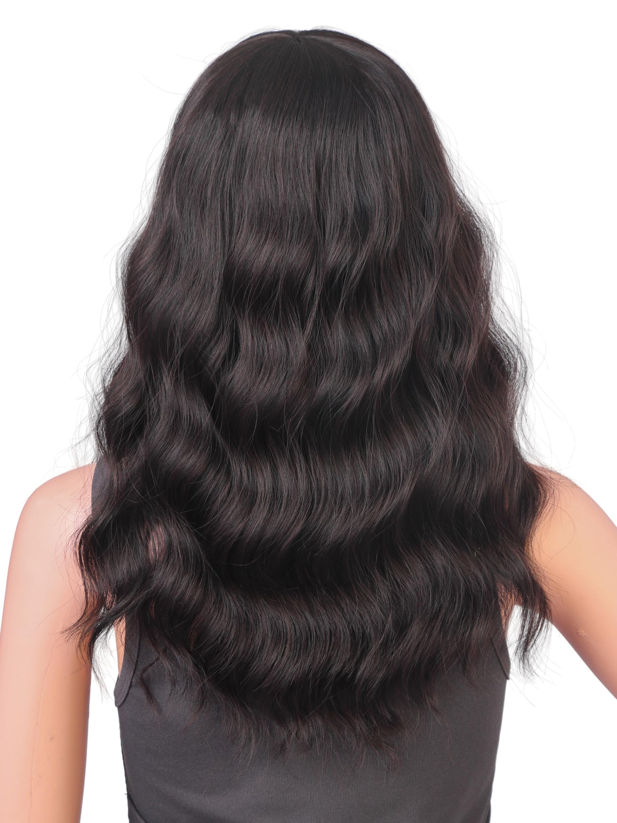 18 Inch Wavy Wig with Bangs – Black With Brown Highlights Heat Resistant Synthetic Hair, Soft Silky & Natural Looking for Women