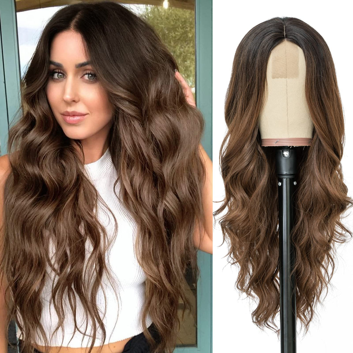 NAYOO 26 Inch Long Wavy Black Wig for Women, Middle Part Natural Looking Synthetic Wig, Heat Resistant Fiber Soft & Lightweight, Realistic Scalp Long Curly Wig for Daily Wear Party Cosplay