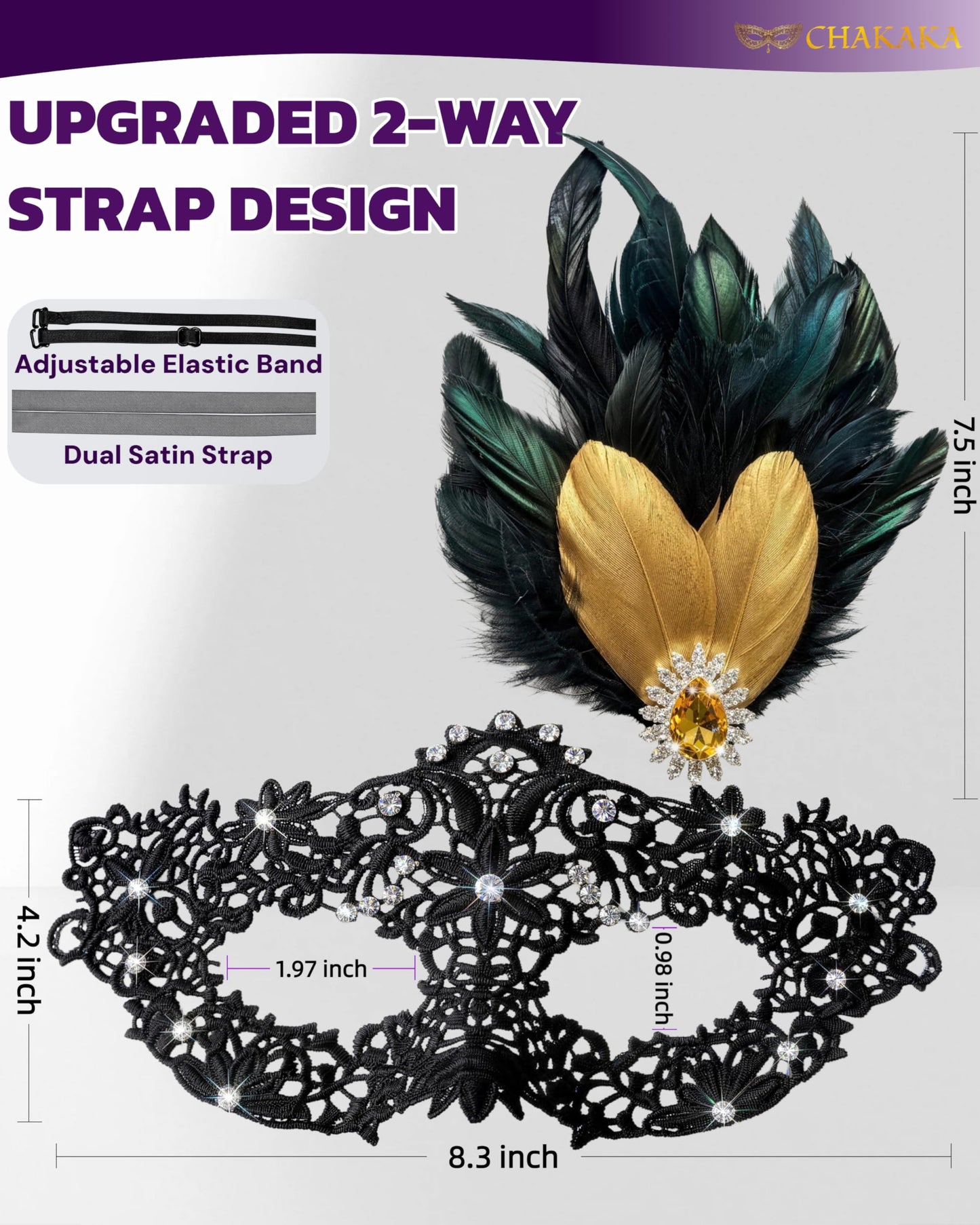 Black Lace Masquerade Mask for Women,1920s Venetian Feather Eye Mask with Gold Rhinestones for Mardi Gras Halloween