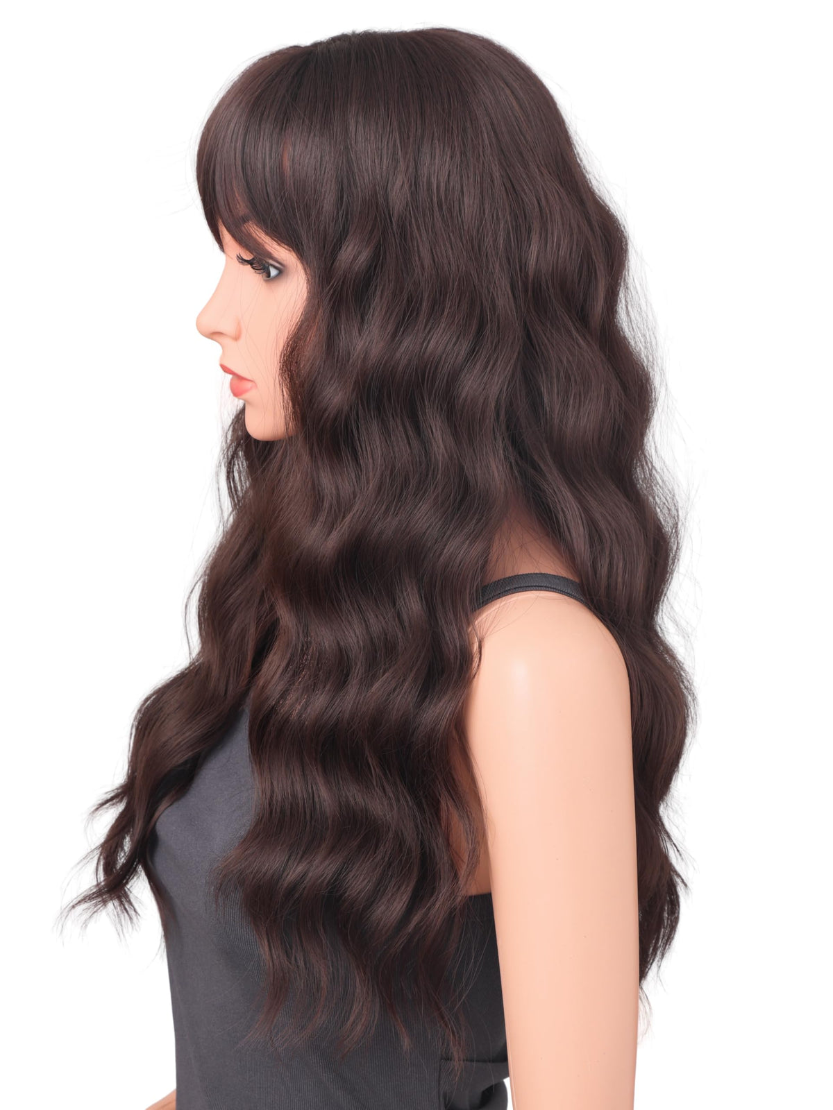 18 Inch Wavy Wig with Bangs – Black With Brown Highlights Heat Resistant Synthetic Hair, Soft Silky & Natural Looking for Women