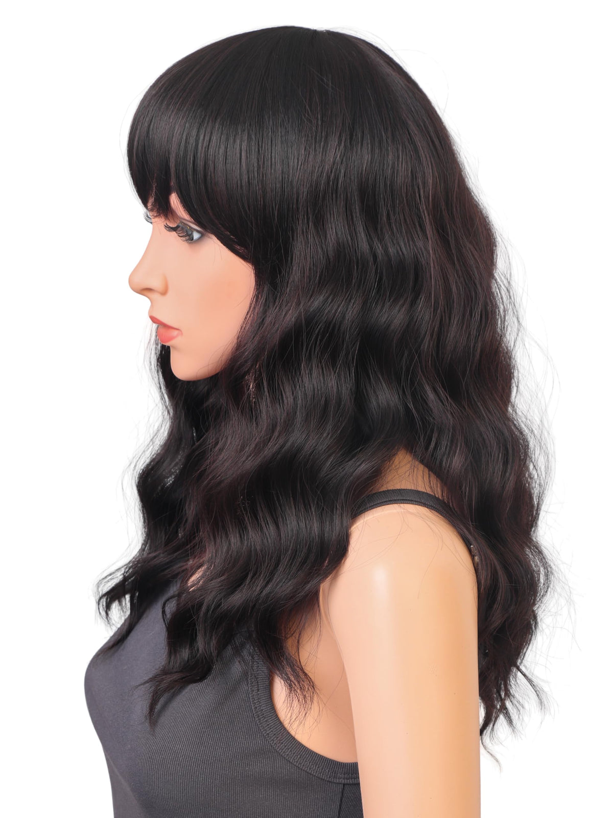 18 Inch Wavy Wig with Bangs – Black With Brown Highlights Heat Resistant Synthetic Hair, Soft Silky & Natural Looking for Women