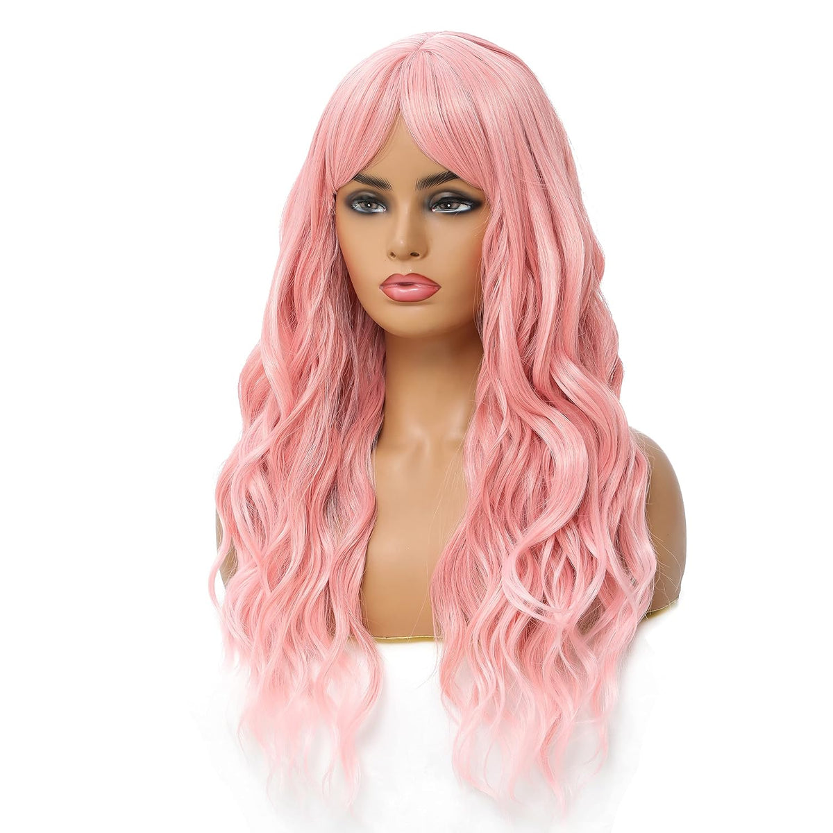 SWACC Long Curly Wavy Wig with Bangs Synthetic Hair Wig for Women with Wig Cap (Pink Ombre)