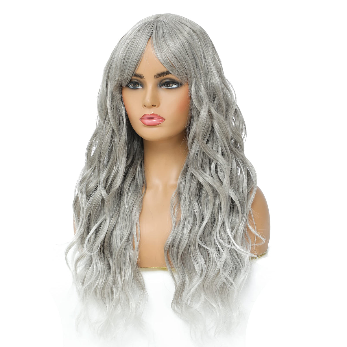 SWACC Long Curly Wavy Wig with Bangs Synthetic Hair Wig for Women with Wig Cap (Pink Ombre)
