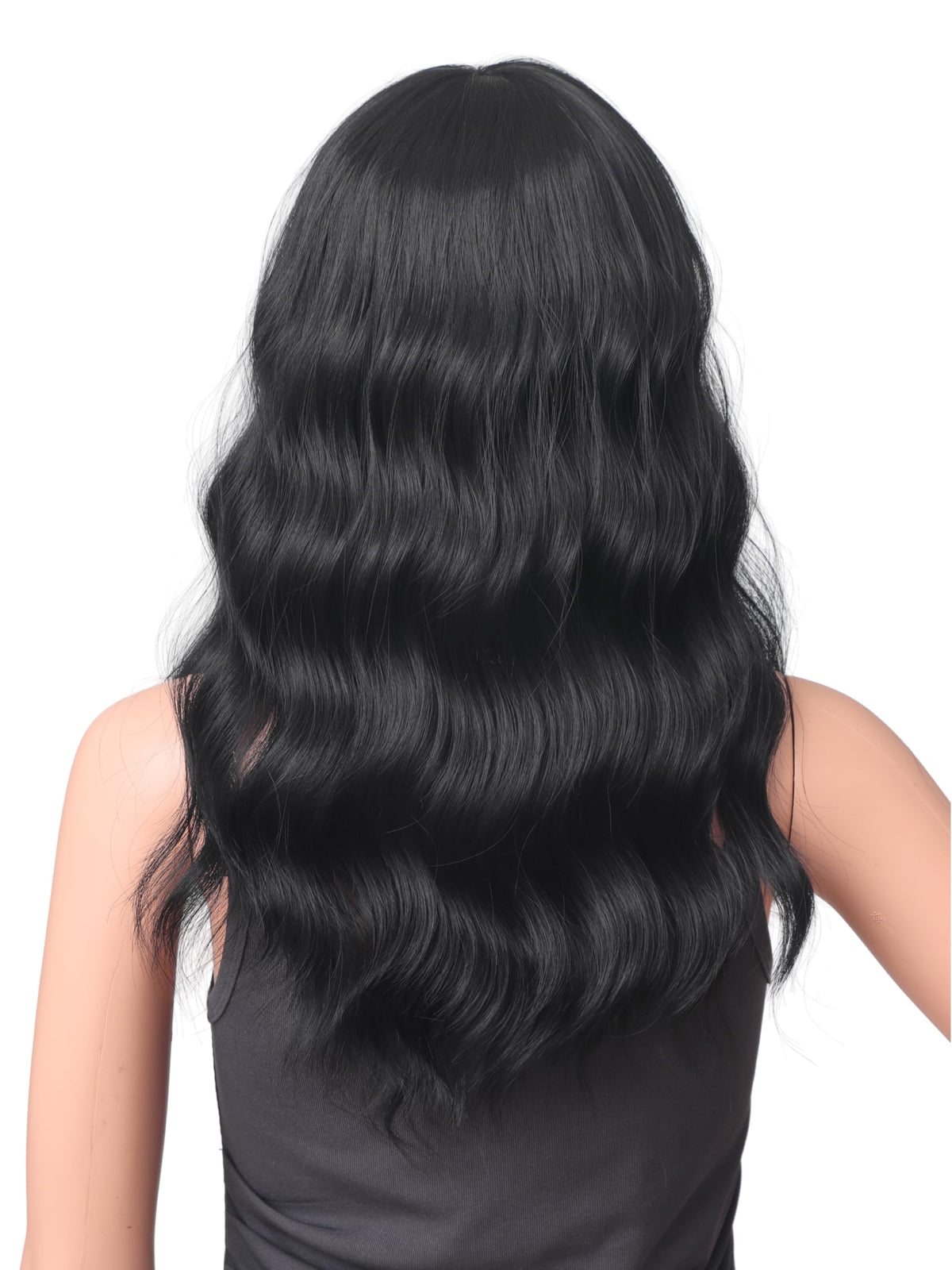 18 Inch Wavy Wig with Bangs – Black With Brown Highlights Heat Resistant Synthetic Hair, Soft Silky & Natural Looking for Women