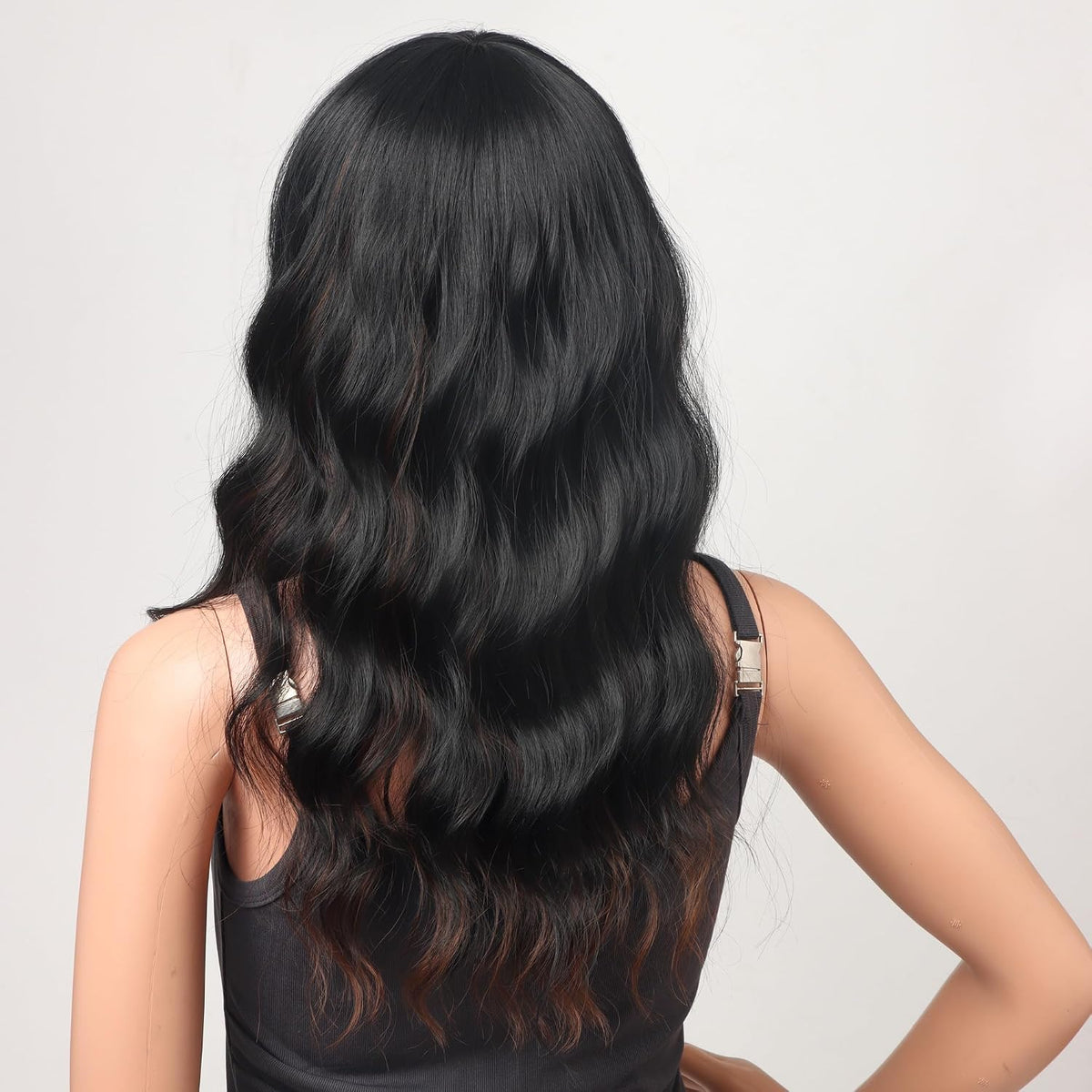 18 Inch Wavy Wig with Bangs – Black With Brown Highlights Heat Resistant Synthetic Hair, Soft Silky & Natural Looking for Women