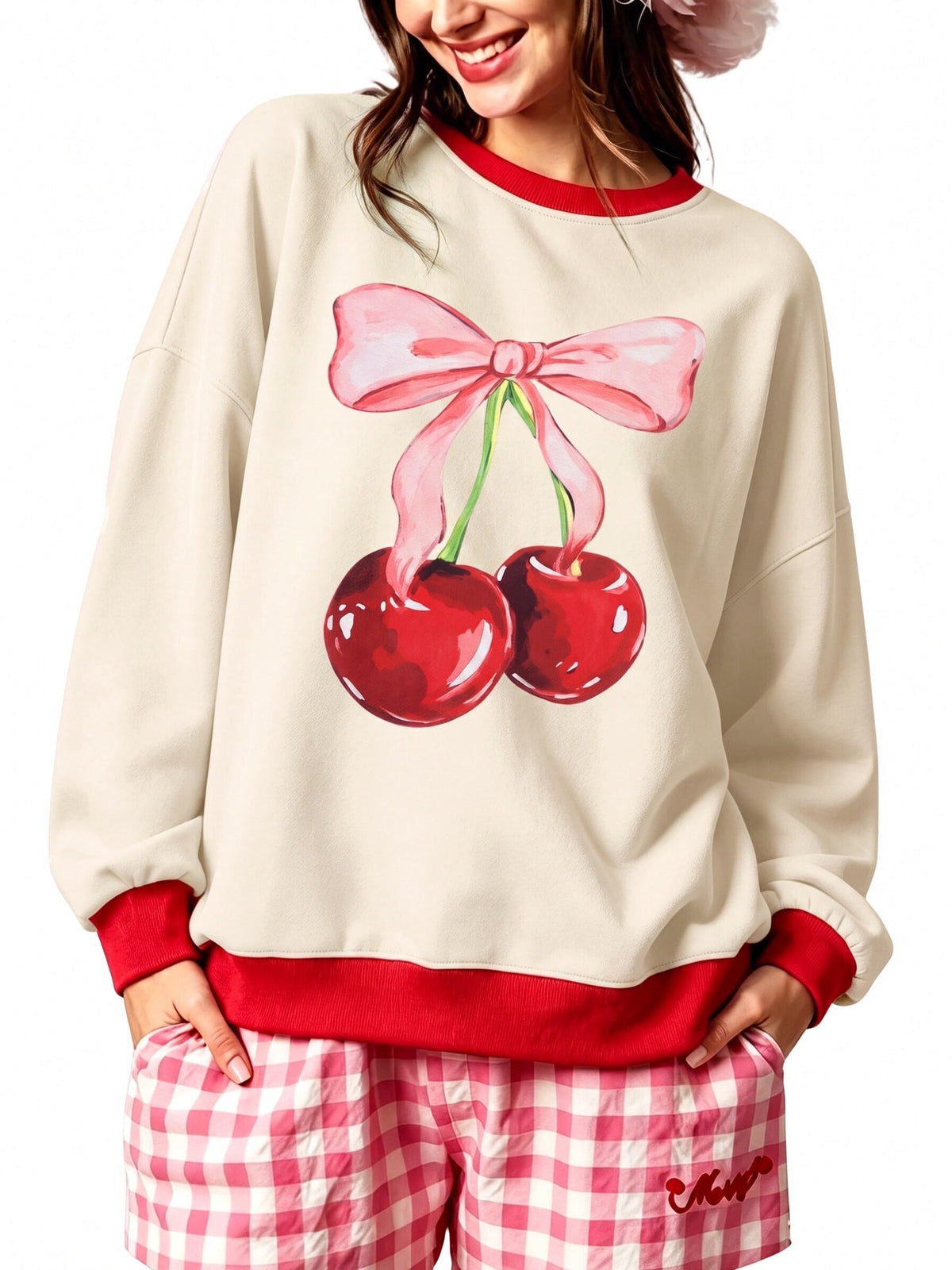 Women's Cherry Bow Graphic Sweatshirt Long Sleeve Crewneck Pullover Tops