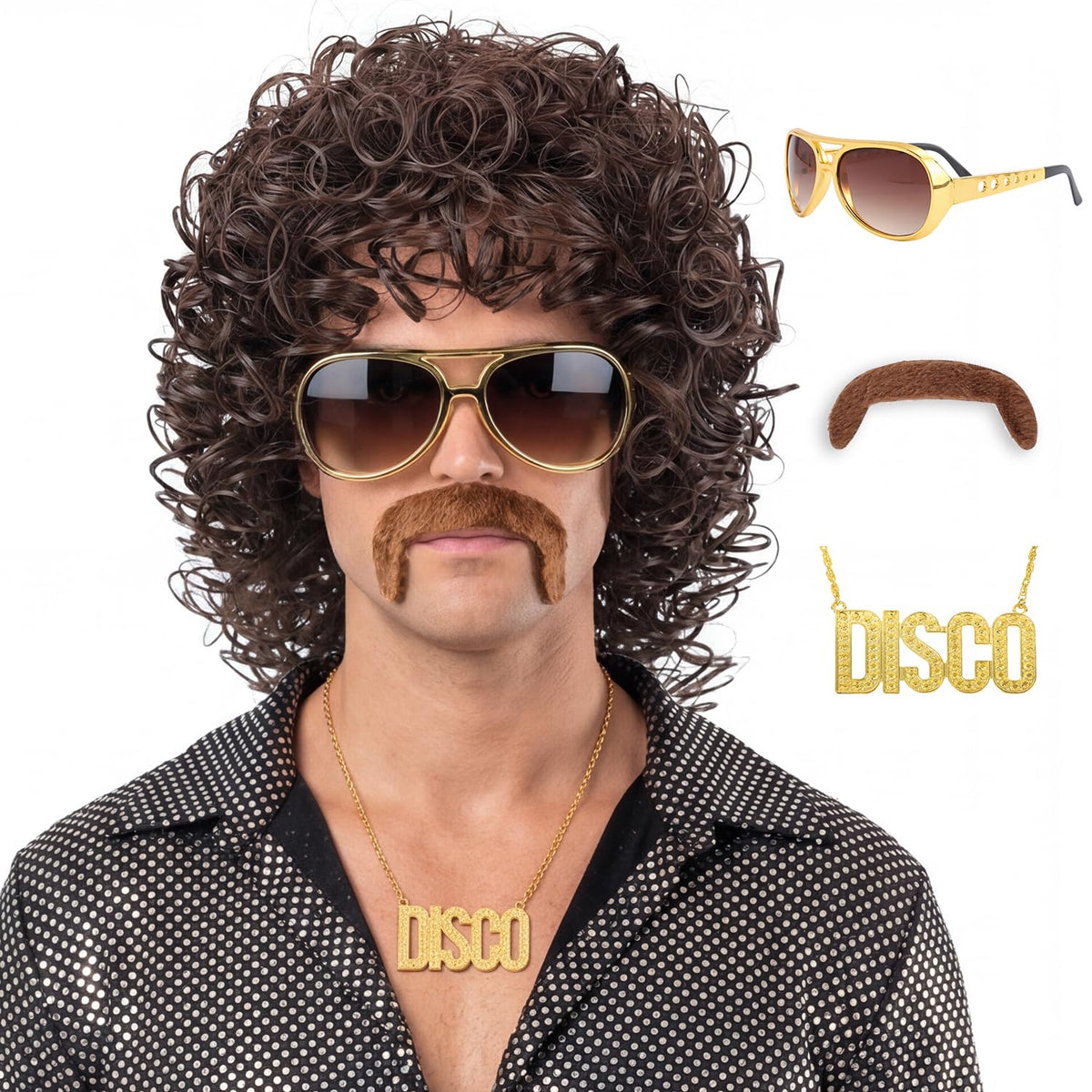 70s Disco Black Jerry Curl Wig with Glasses Mustache Necklace for Men