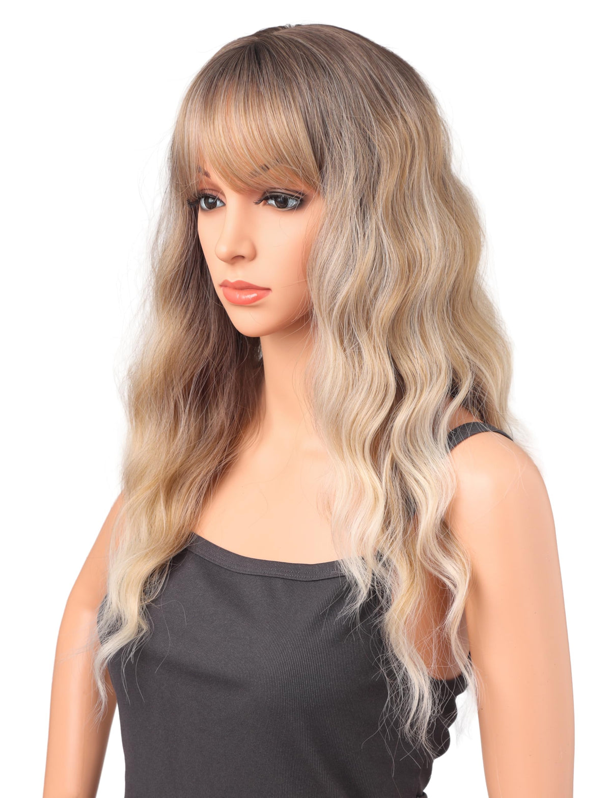18 Inch Wavy Wig with Bangs – Black With Brown Highlights Heat Resistant Synthetic Hair, Soft Silky & Natural Looking for Women