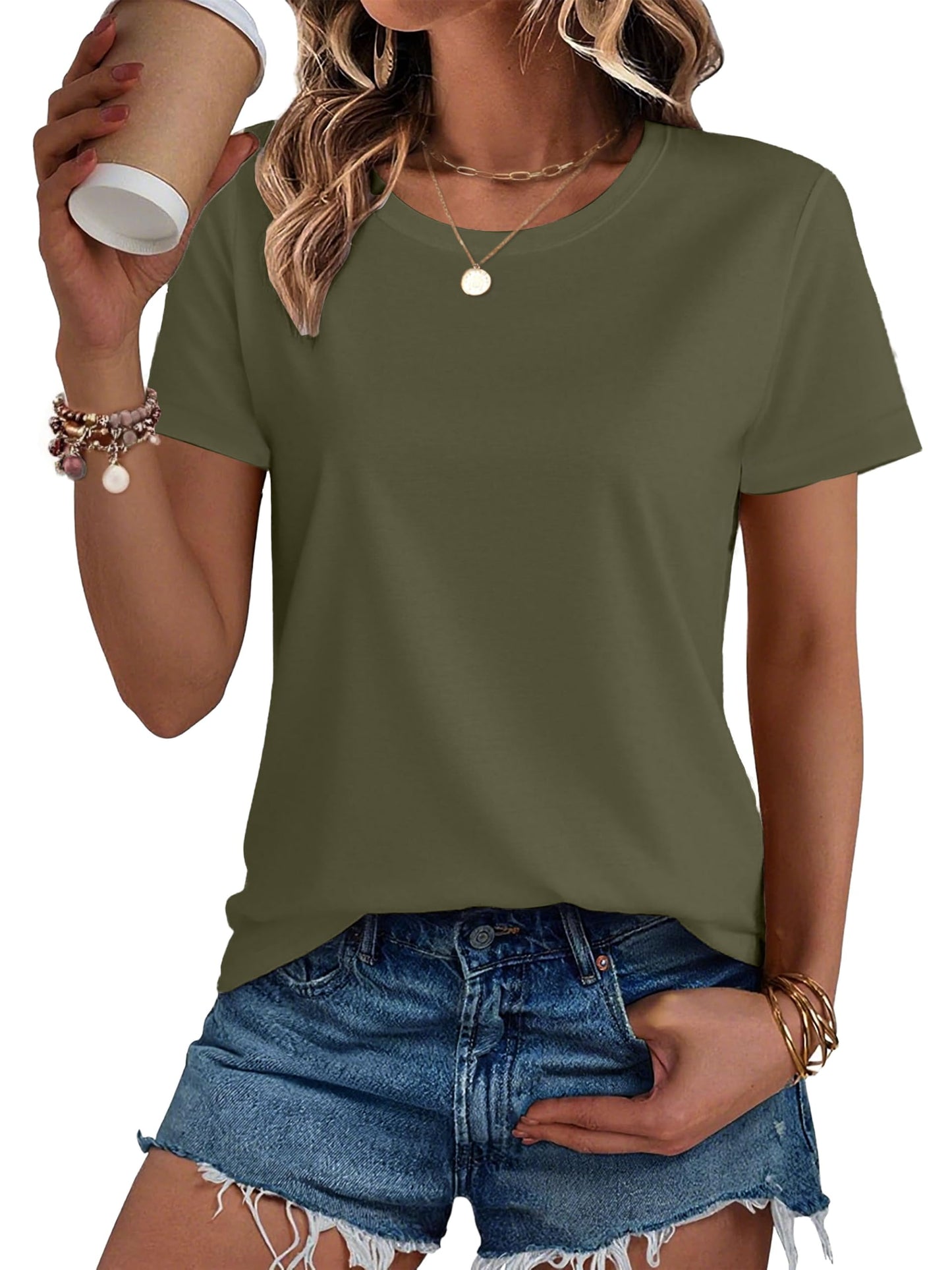 SMENG Women's Cotton Crewneck T-Shirts Short Sleeve Basic Solid Color Tee Classic-Fit Shirt Breathable Comfy Summer Top