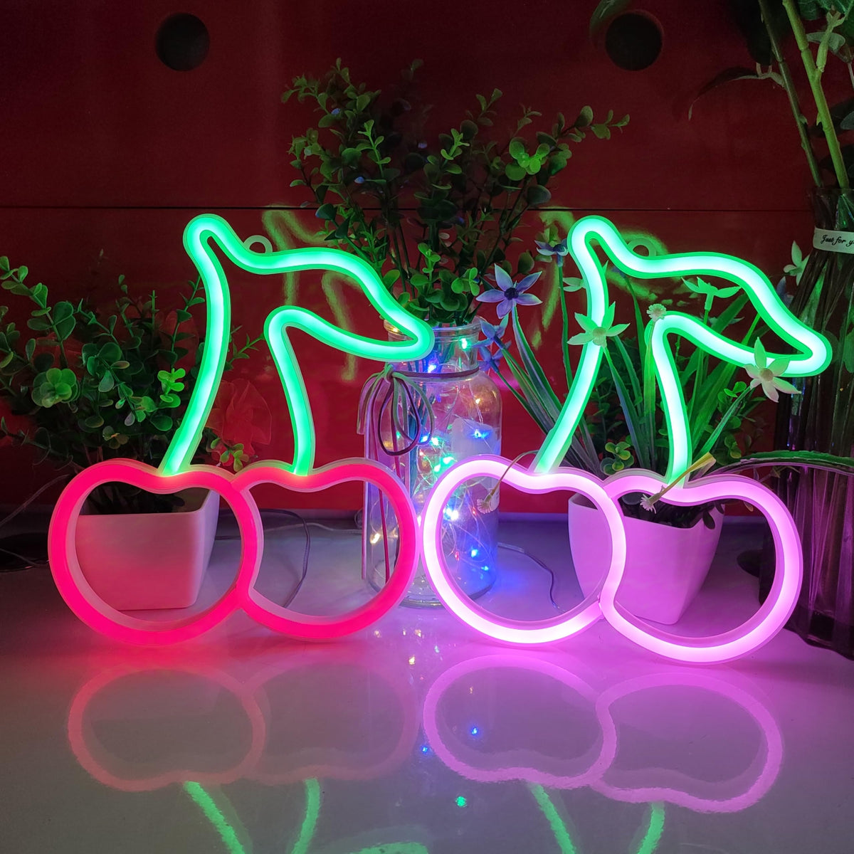 JYWJ Cherry LED Neon Signs Desktop Wall Decoration Light(Green+Pink)