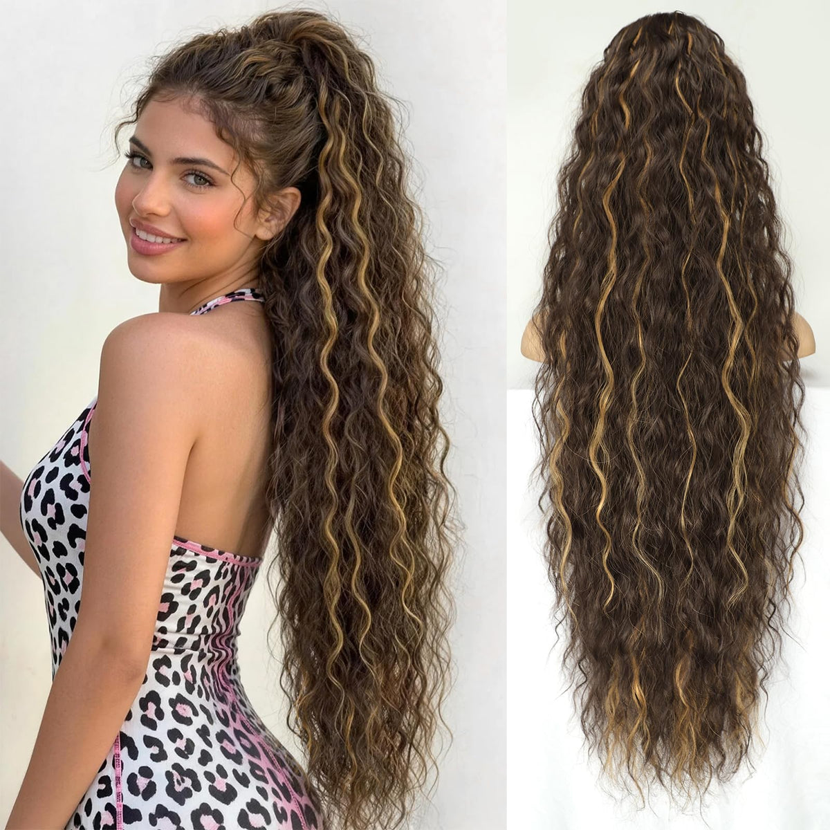 KooKaStyle Long Medium Brown Curly Synthetic Drawstring Ponytail Extension