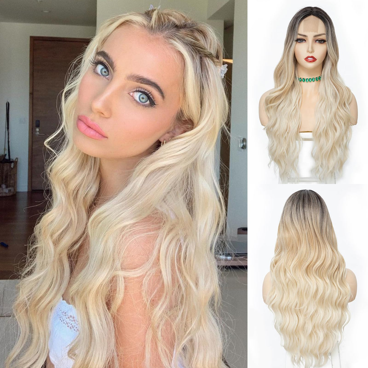 NAYOO 26 Inch Long Wavy Black Wig for Women, Middle Part Natural Looking Synthetic Wig, Heat Resistant Fiber Soft & Lightweight, Realistic Scalp Long Curly Wig for Daily Wear Party Cosplay