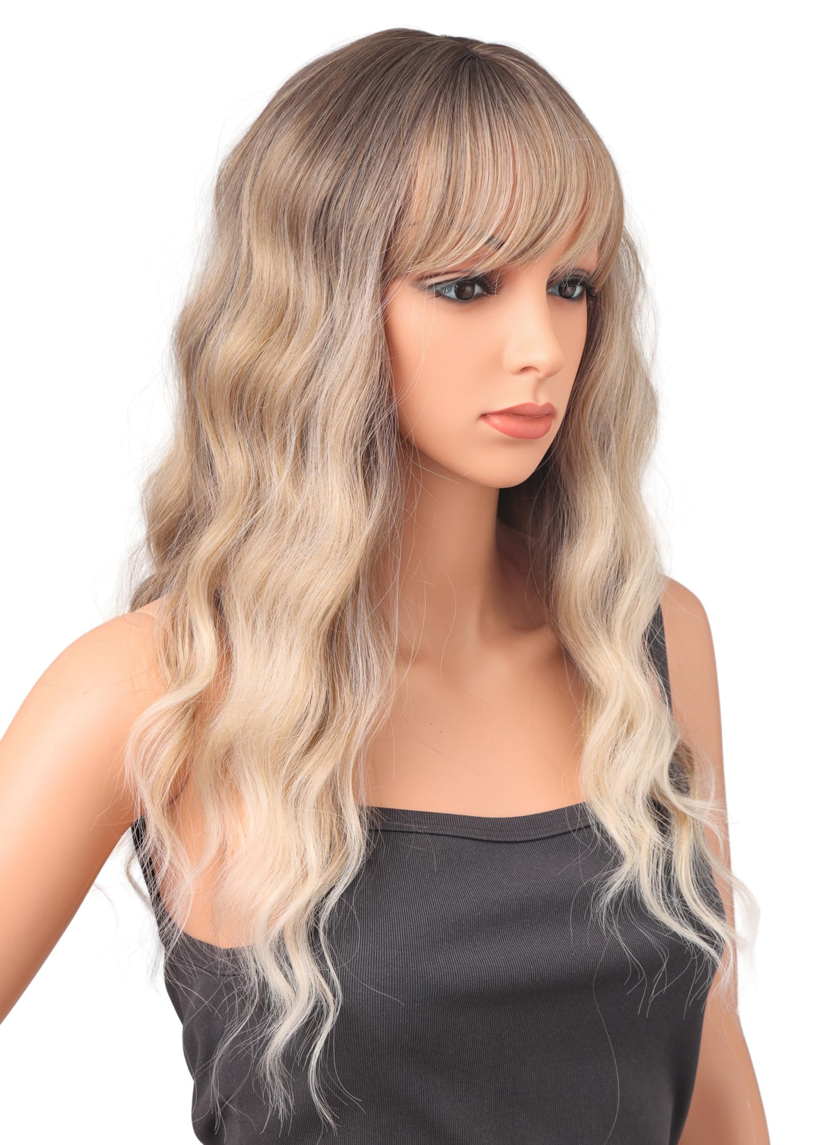 18 Inch Wavy Wig with Bangs – Black With Brown Highlights Heat Resistant Synthetic Hair, Soft Silky & Natural Looking for Women