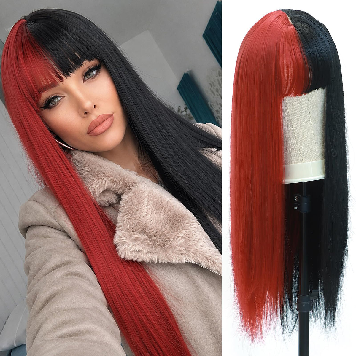 BEkjdiof Wig with Bangs Long Straight Gray Wigs for Women Halloween Wig
