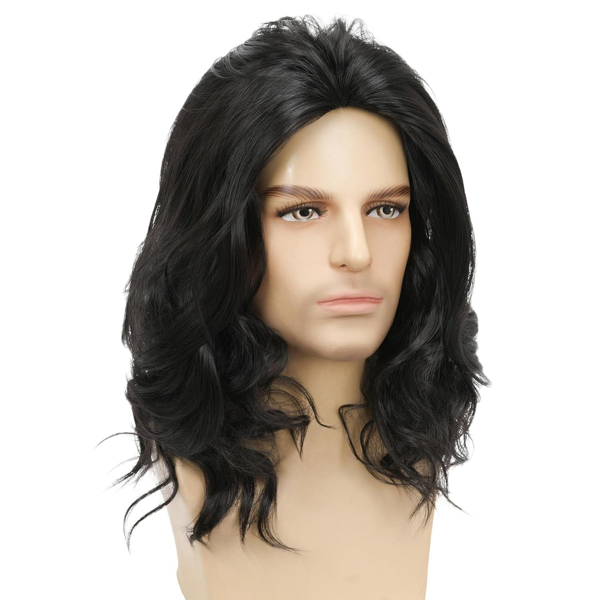 Mens Black Wig Long Curly Natural Hair Wig Layered Wavy for Daily Party Costume Cospaly Halloween