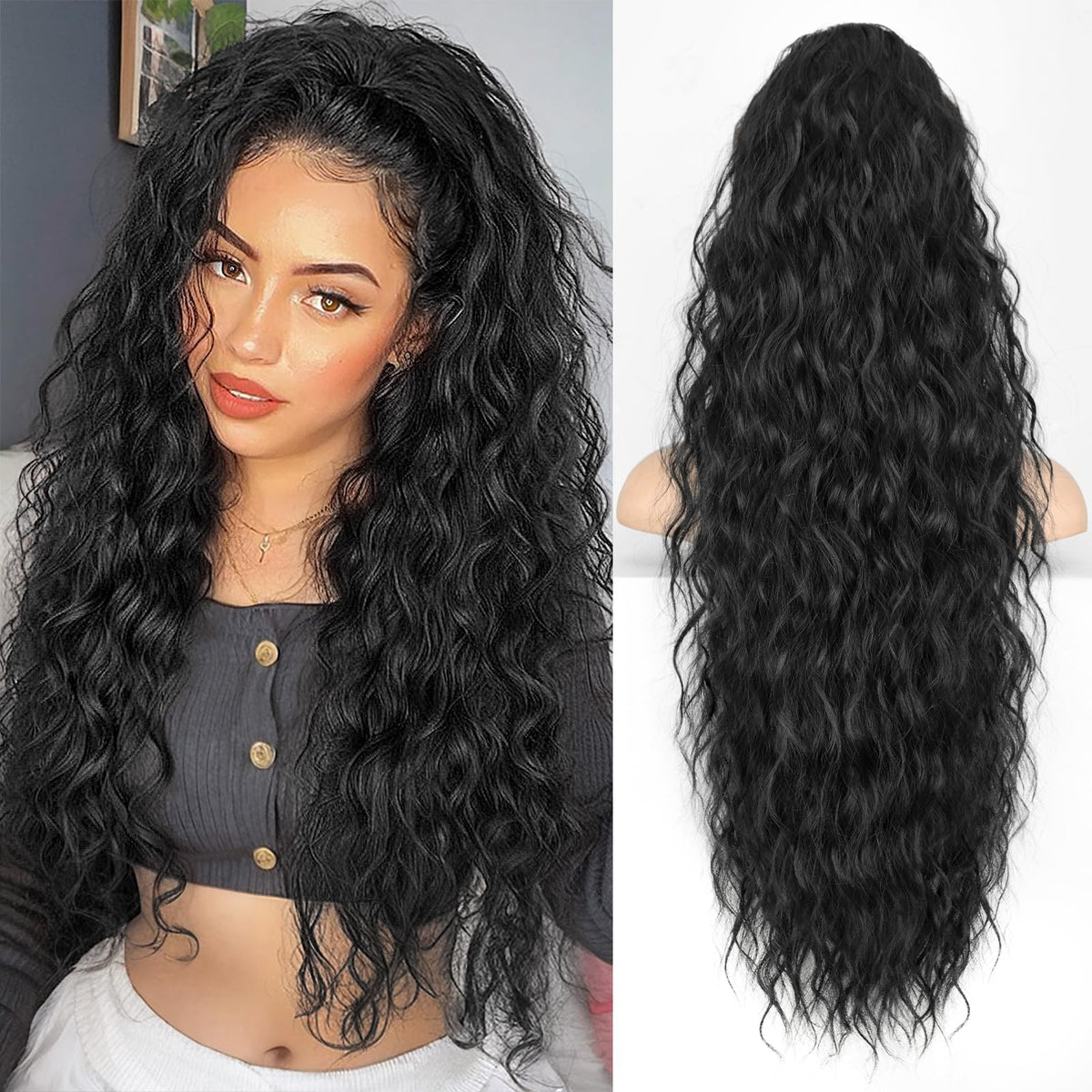 KooKaStyle Long Medium Brown Curly Synthetic Drawstring Ponytail Extension