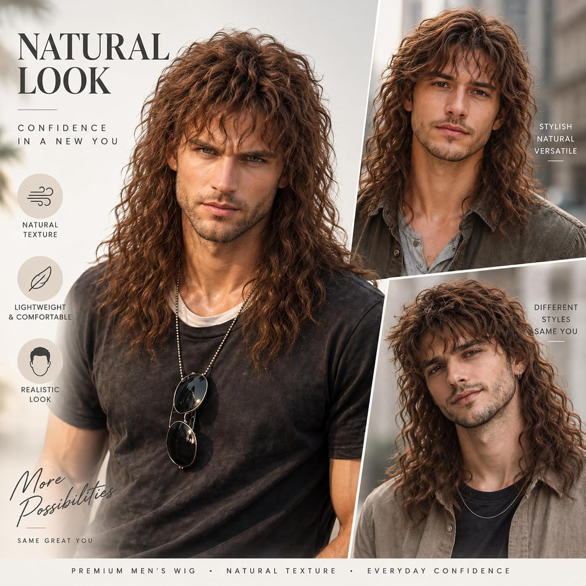 YYHR 80s Brown Wigs for Mens Mullet Rocker Costume Long Synthetic Hair Wig