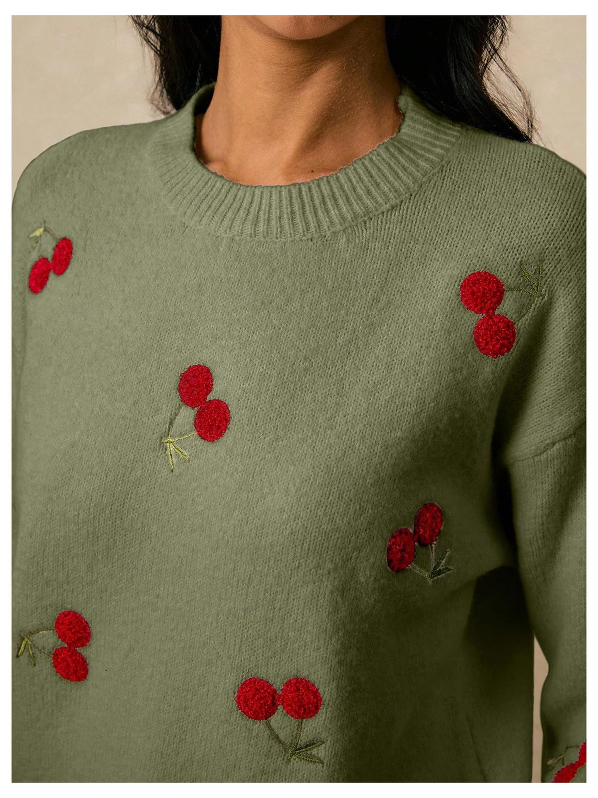 MakeMeChic Women's Cherry Embroidery Sweater Pullovers