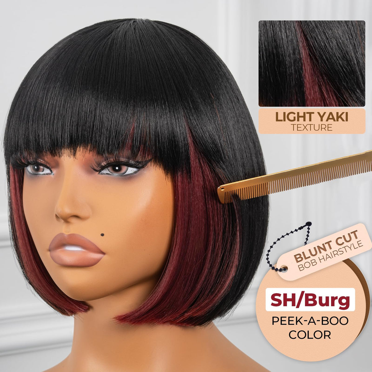 ToyoTress Bob Wig With Bangs - 12 Inch Peek-a-boo Color Short Bob Wig For Black Women Black Mix Brown Daily Costume Wigs, Light Yaki Straight Synthetic Hair Wigs Heat Resistant (12 Inch, SH30-612H)