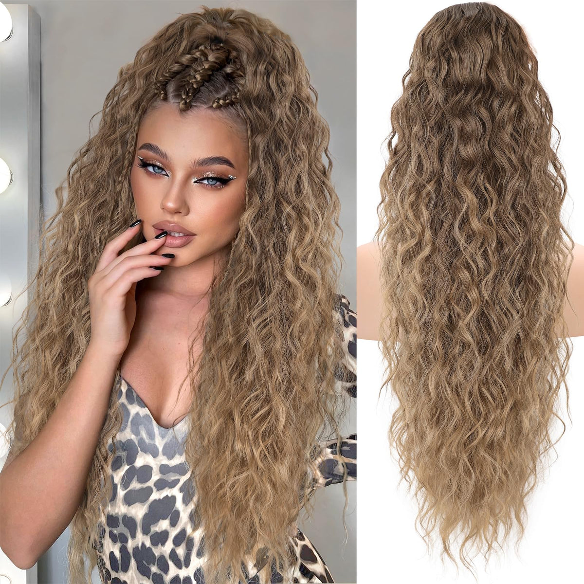 KooKaStyle Long Medium Brown Curly Synthetic Drawstring Ponytail Extension