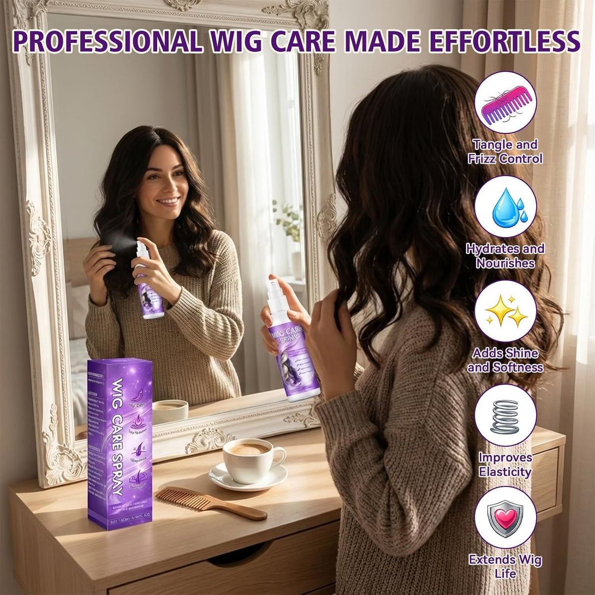 Wig Spray, Synthetic Wig Spray, Detangling, Frizz Control, Hydrating Conditioning, Shine Wig Care Spray, for Synthetic and Human Hair Wigs, Wig Accessories, 120ml