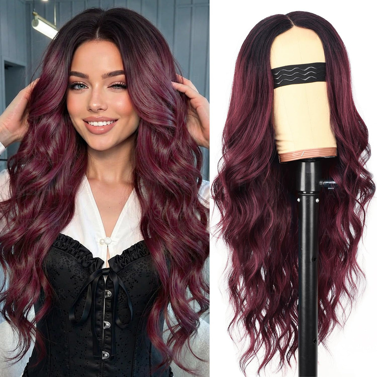 AISI HAIR Black Wig for Women, Long Wavy Lace Hairline Synthetic Wig 26Inch