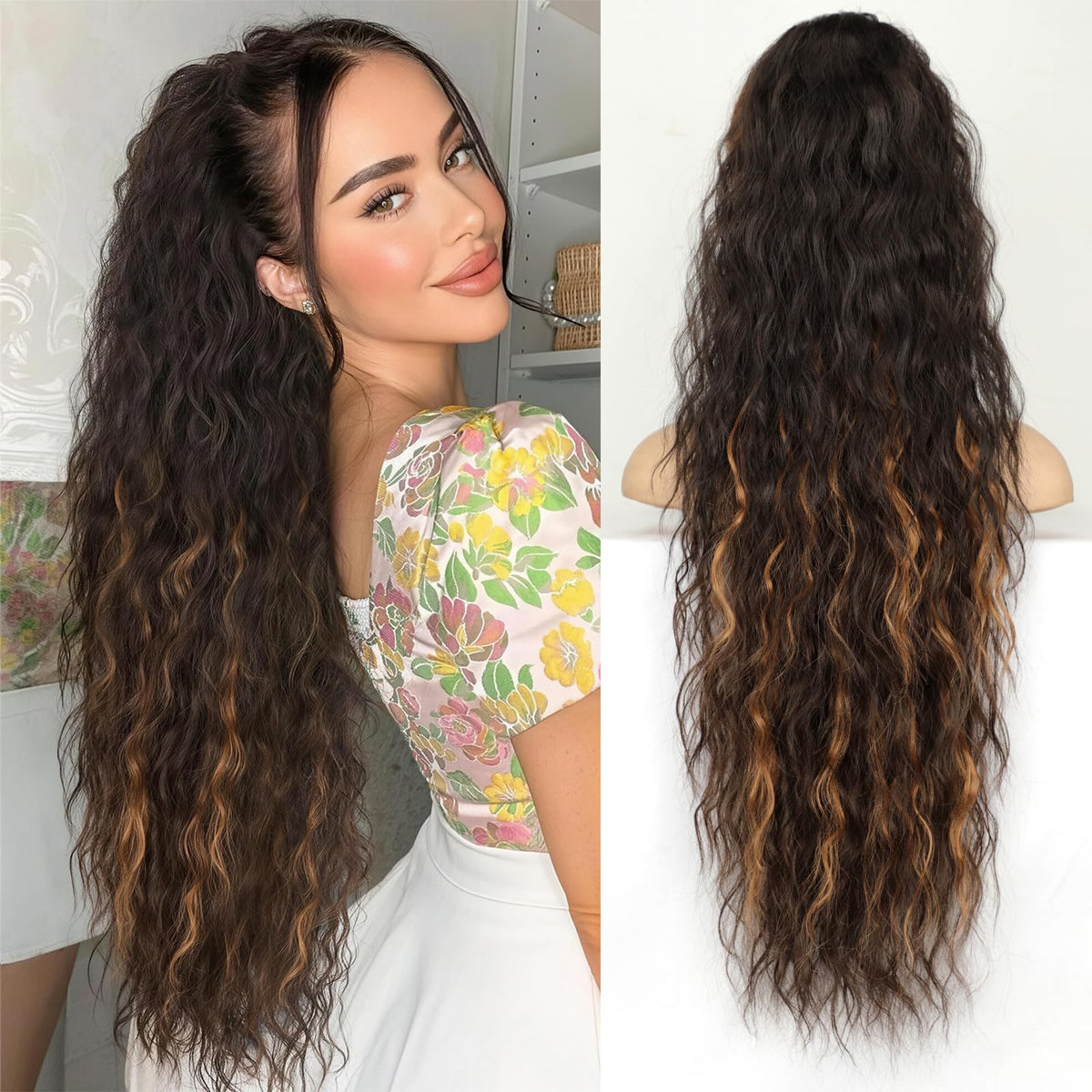 KooKaStyle Long Medium Brown Curly Synthetic Drawstring Ponytail Extension