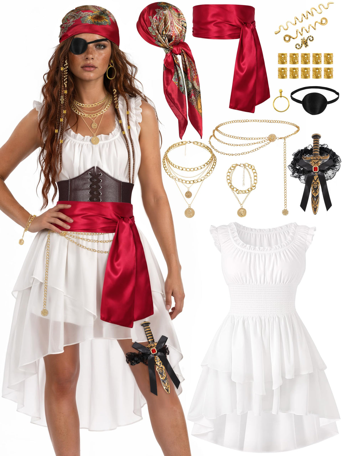 Women's Pirate Costume 10 Pcs Renaissance Halloween Ren Faire LARP Outfit