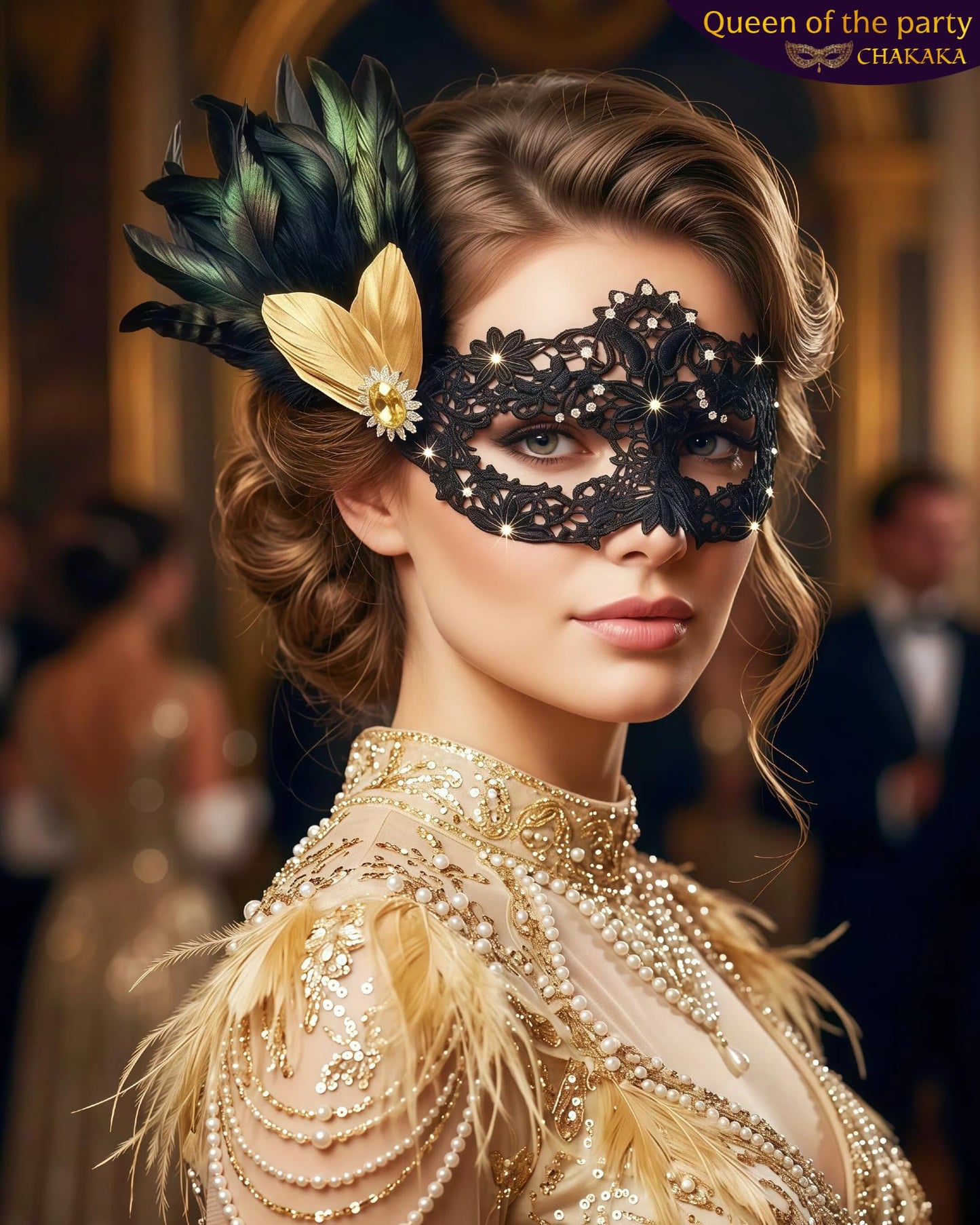 Black Lace Masquerade Mask for Women,1920s Venetian Feather Eye Mask with Gold Rhinestones for Mardi Gras Halloween