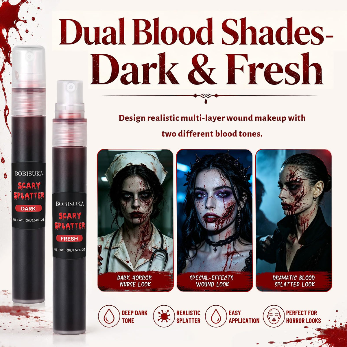 BOBISUKA Dark Fake Blood Spray– Splatter SFX Makeup Kit for Halloween, Cosplay, Zombie, Vampire, Clown, Scary Wounds, Easy Washable Formula – 0.34 fl.oz