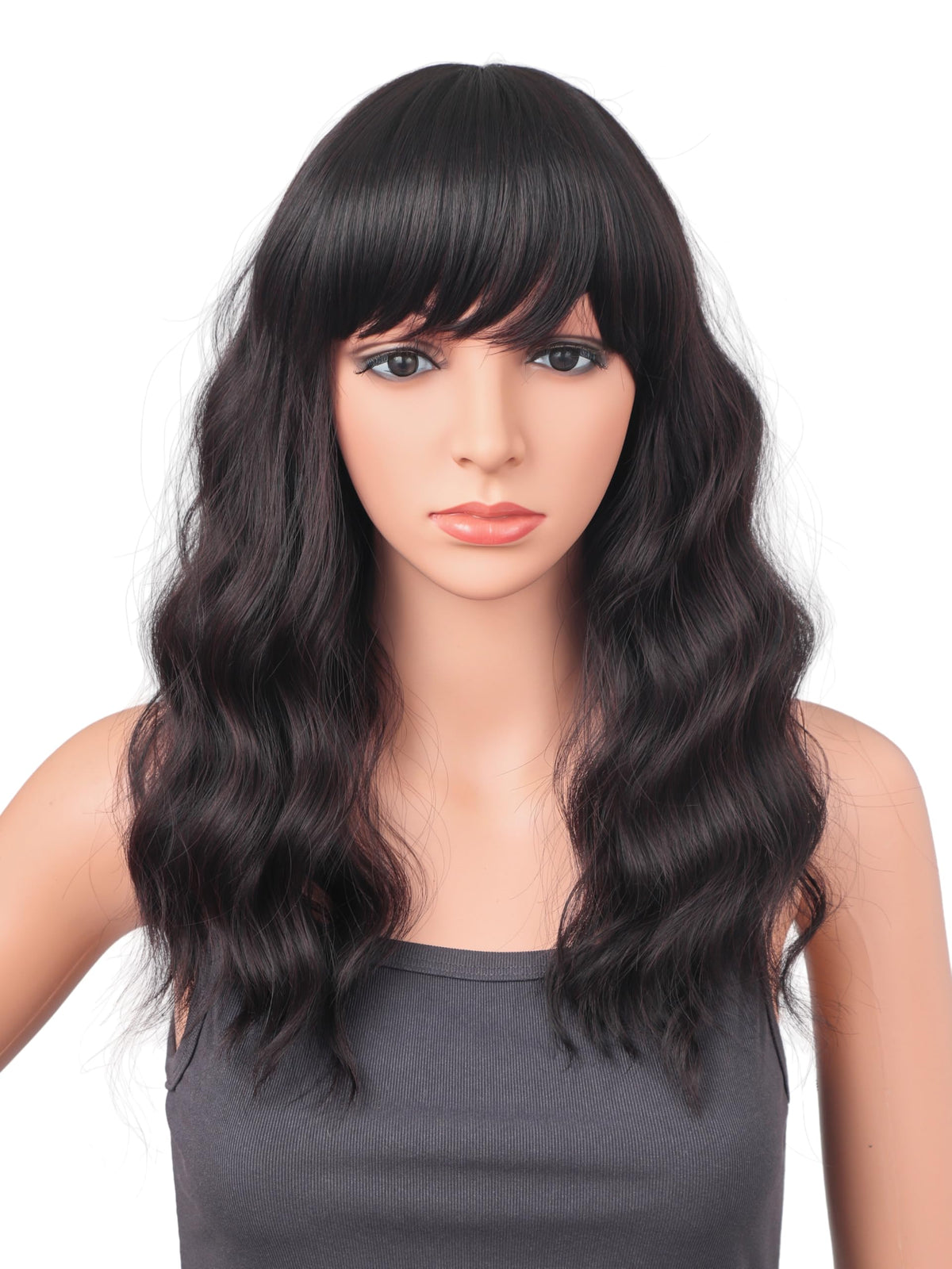 18 Inch Wavy Wig with Bangs – Black With Brown Highlights Heat Resistant Synthetic Hair, Soft Silky & Natural Looking for Women