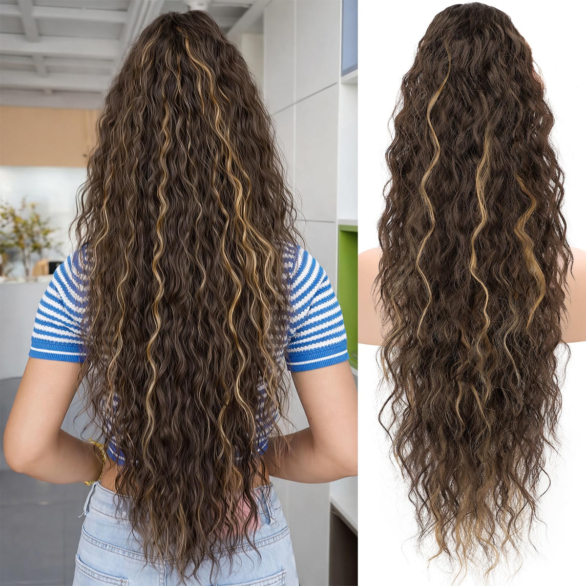 KooKaStyle Long Medium Brown Curly Synthetic Drawstring Ponytail Extension