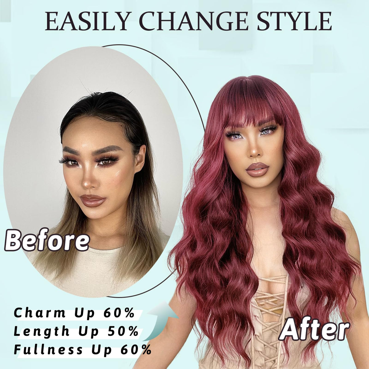 NAYOO Ice Blue Wig for Women, 26 Inch Middle Part Wavy Synthetic Wig
