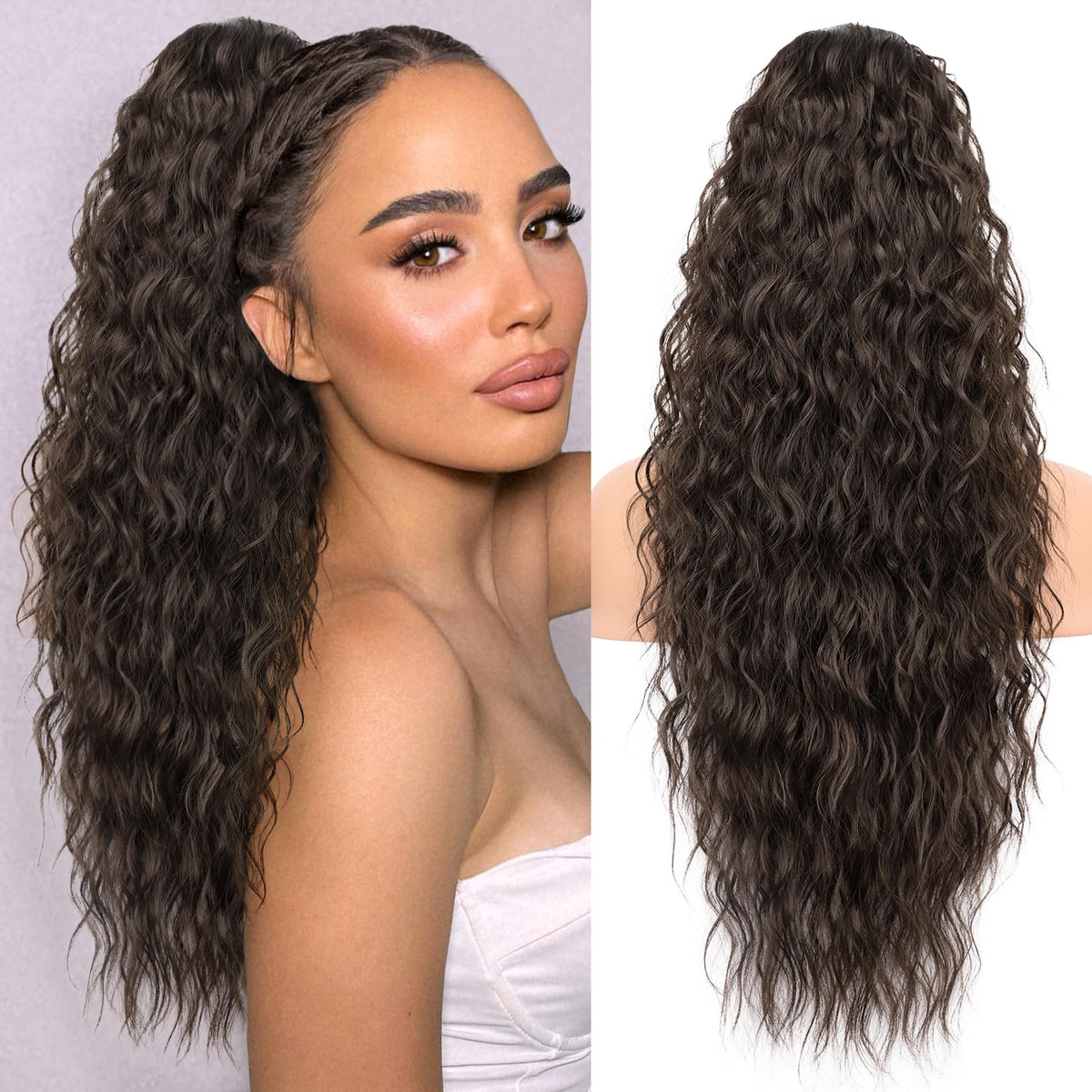 KooKaStyle Long Medium Brown Curly Synthetic Drawstring Ponytail Extension