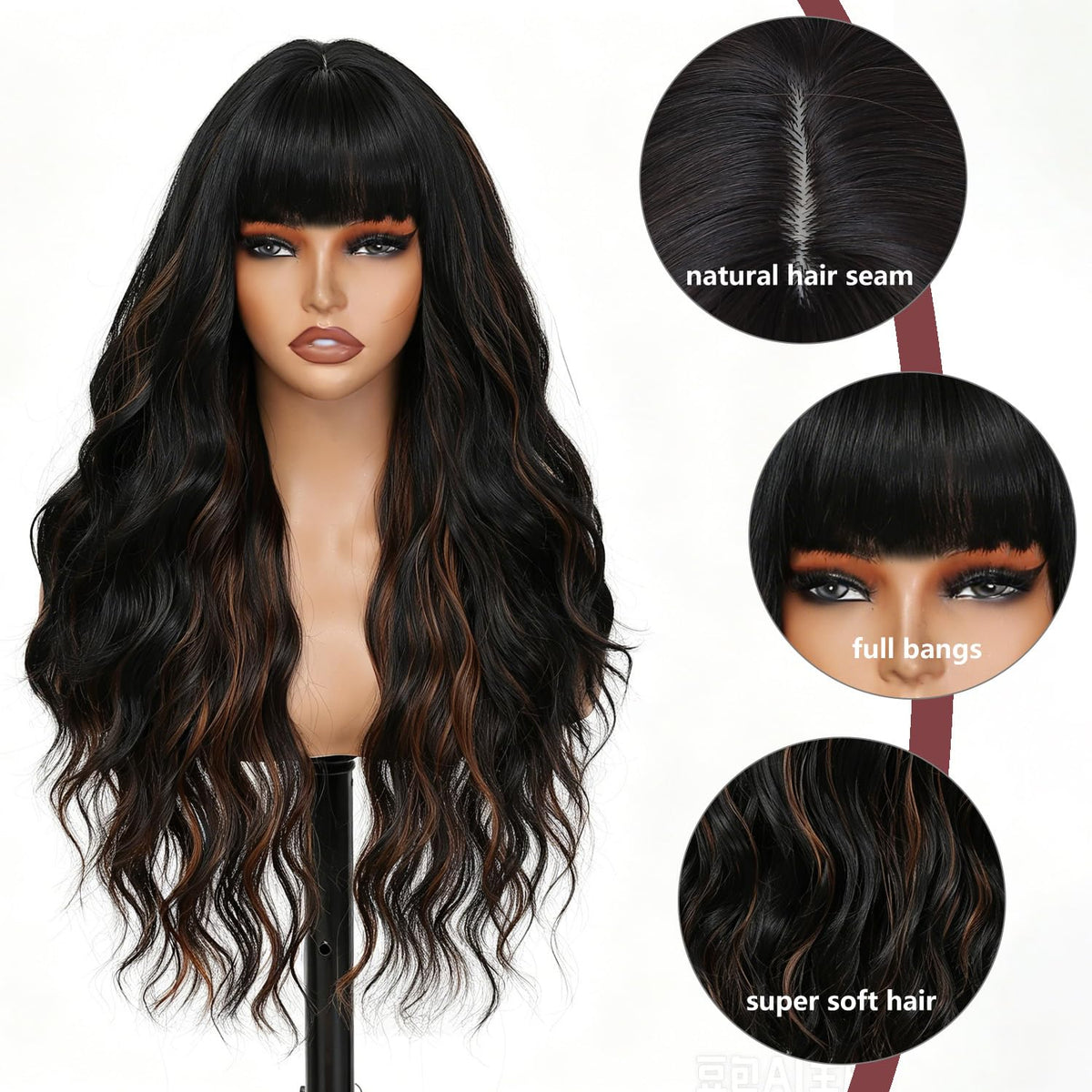 Burgundy Wig with Bangs for Women, Long Wavy Red Wig 26 Inch Wigs Heat Resistant Sythetic Wig for Daily Party Use