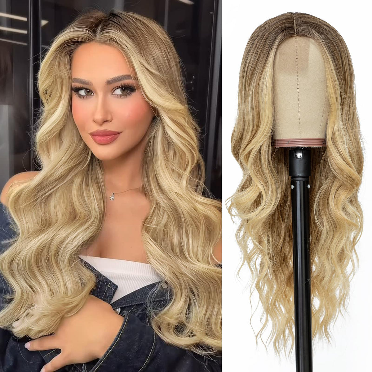 NAYOO 26 Inch Long Wavy Black Wig for Women, Middle Part Natural Looking Synthetic Wig, Heat Resistant Fiber Soft & Lightweight, Realistic Scalp Long Curly Wig for Daily Wear Party Cosplay
