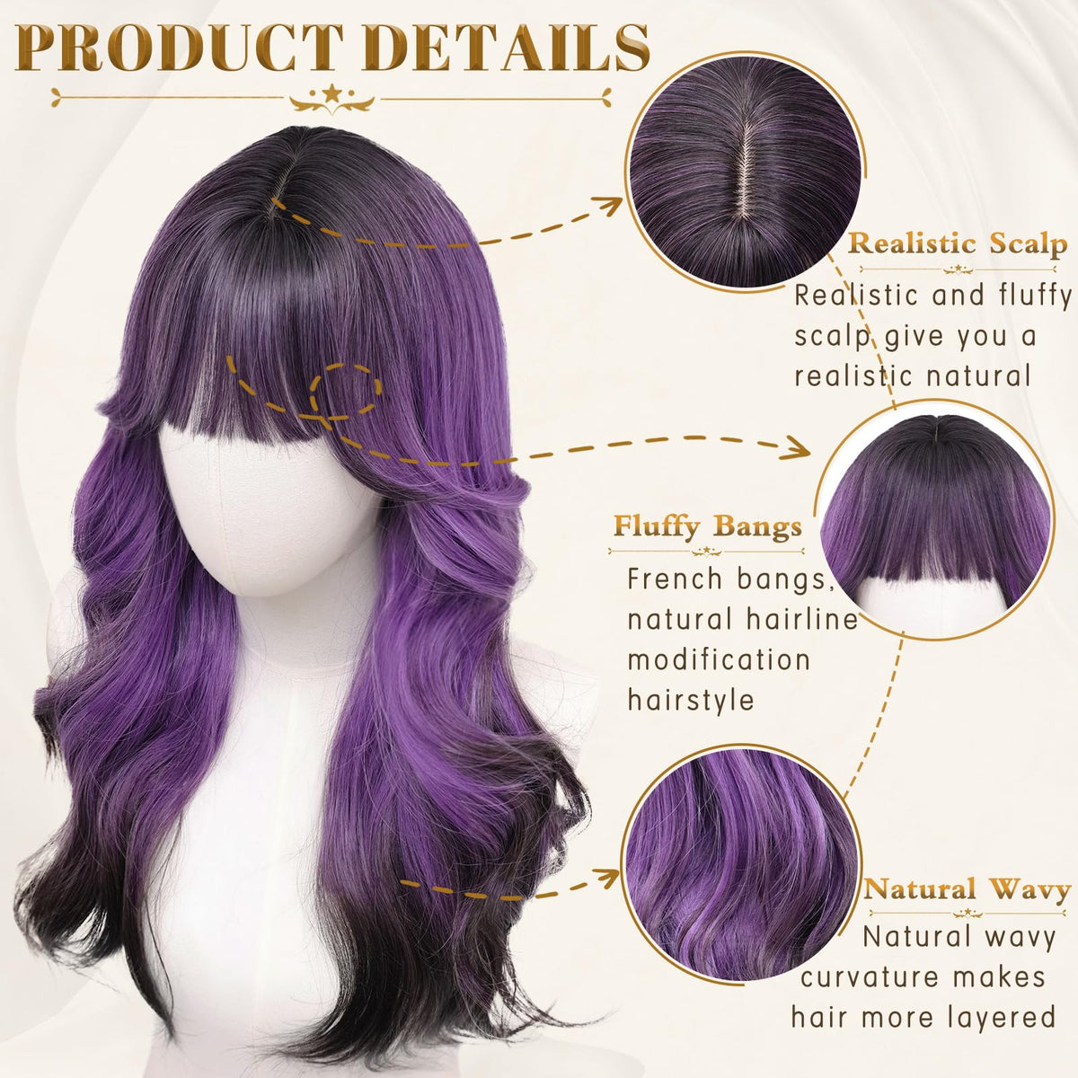 Rooted Honey Wig with Bangs for Women 24 Inch Long Wavy Synthetic Hair