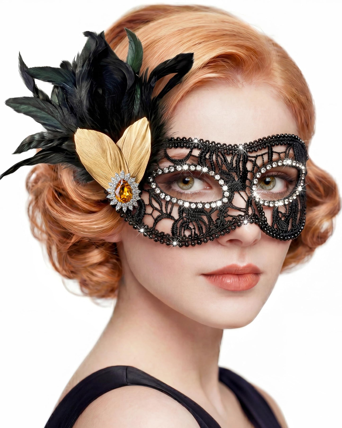 Black Lace Masquerade Mask for Women,1920s Venetian Feather Eye Mask with Gold Rhinestones for Mardi Gras Halloween
