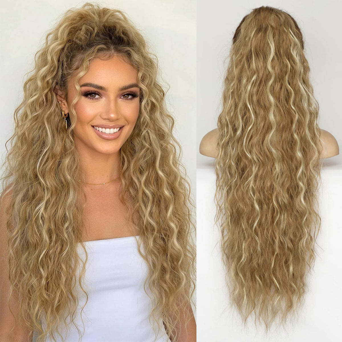 KooKaStyle Long Medium Brown Curly Synthetic Drawstring Ponytail Extension