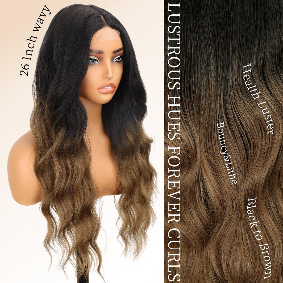 AISI HAIR Black Wig for Women, Long Wavy Lace Hairline Synthetic Wig 26Inch