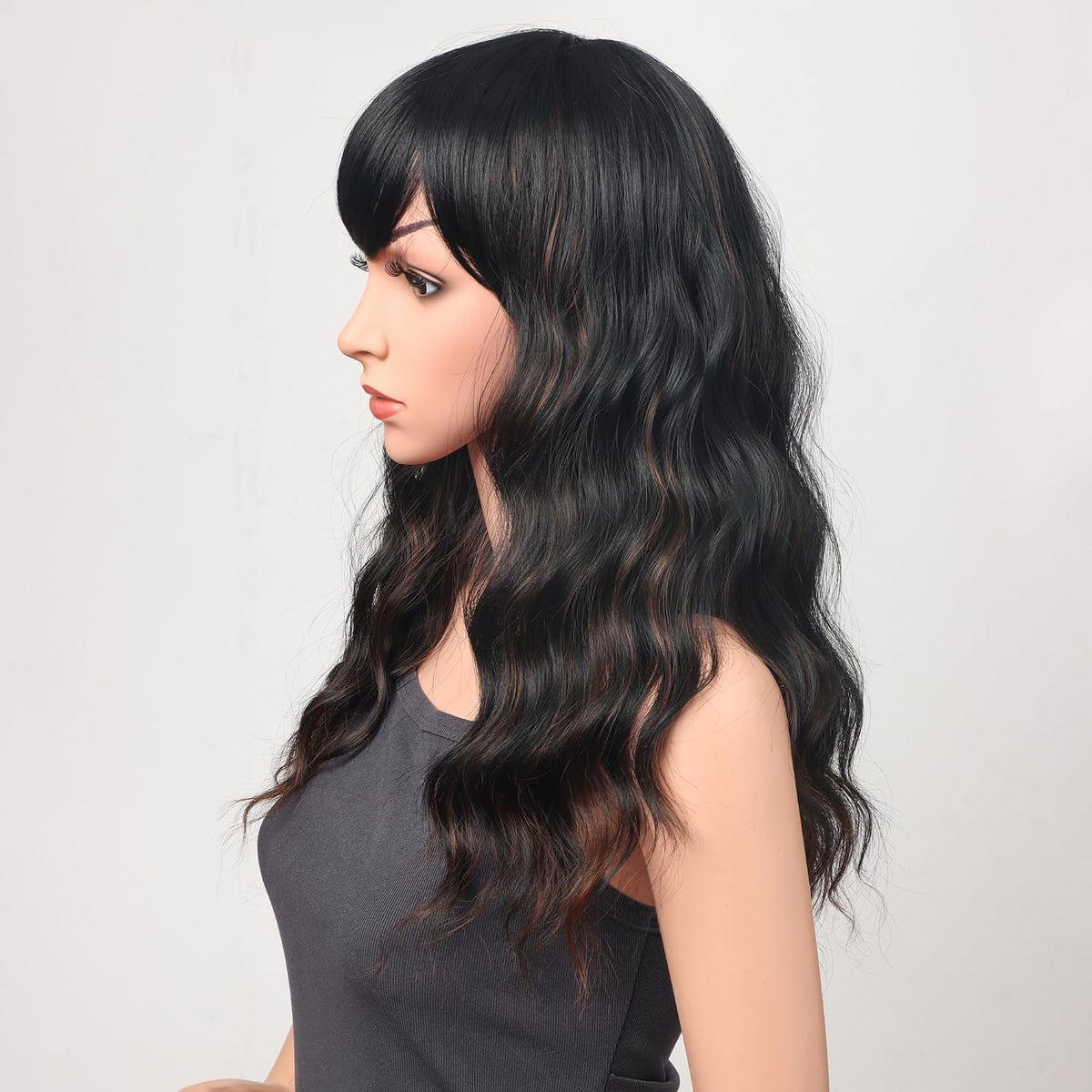 18 Inch Wavy Wig with Bangs – Black With Brown Highlights Heat Resistant Synthetic Hair, Soft Silky & Natural Looking for Women