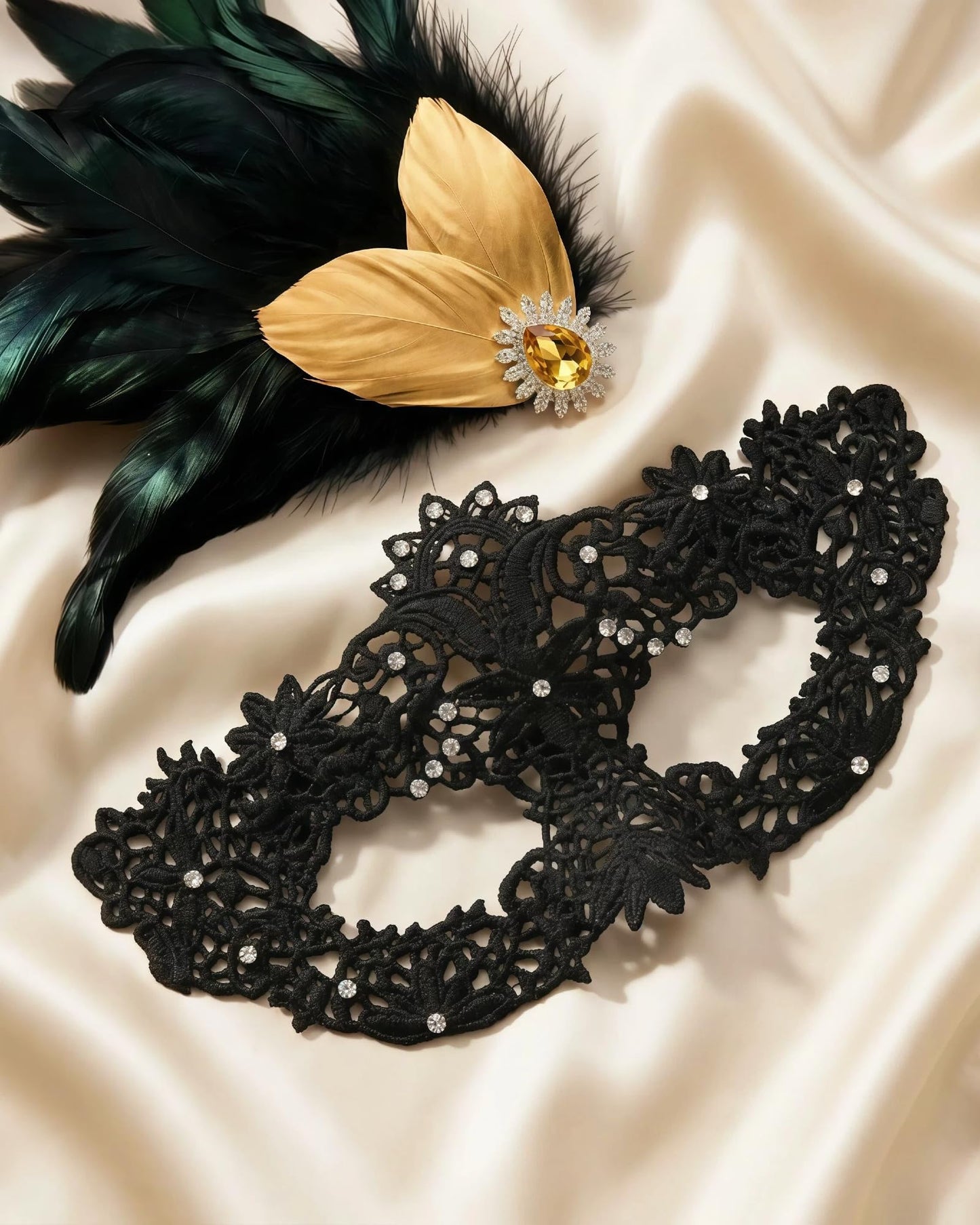 Black Lace Masquerade Mask for Women,1920s Venetian Feather Eye Mask with Gold Rhinestones for Mardi Gras Halloween