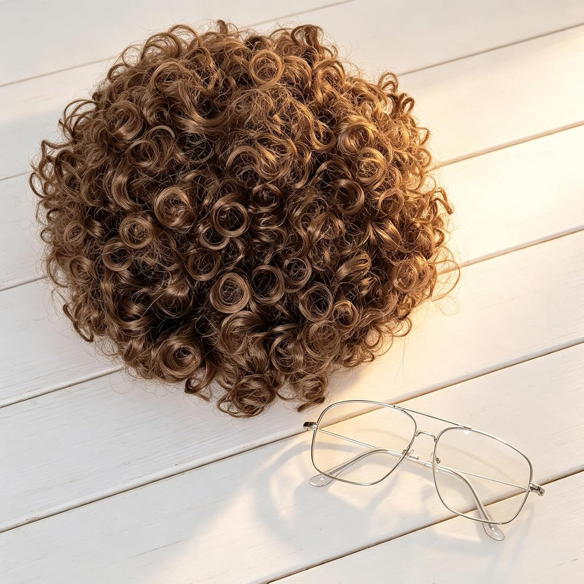 Short Brown Afro Wig with Glasses Costume Set Mens Crazy Funny Party Wigs