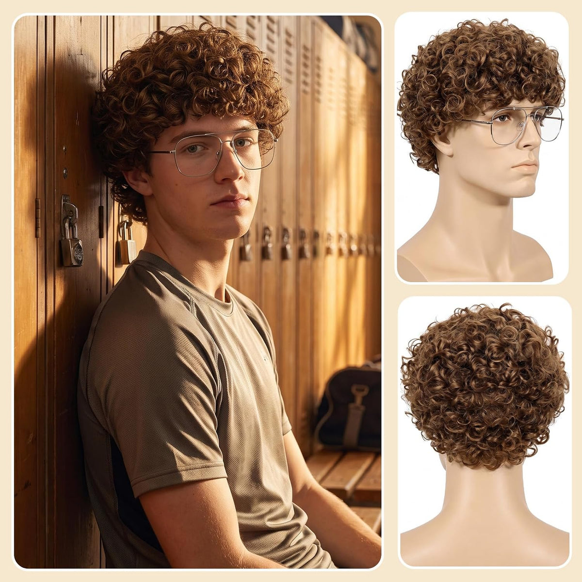 Short Brown Afro Wig with Glasses Costume Set Mens Crazy Funny Party Wigs