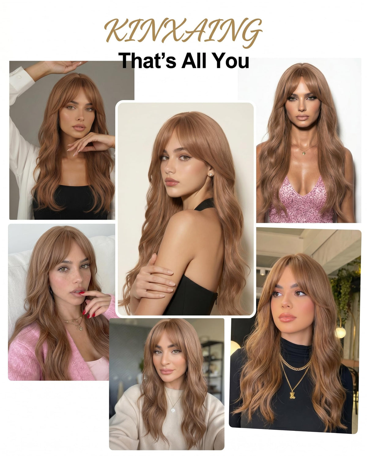 Ombre Pink Wavy Wig with Curtain Bangs 26 Inch – Long Layered Synthetic Hair Wig for Women, Natural Looking Dark Root Heat Resistant Wig, Soft Thick Full Wig for Daily Wear Party Cosplay