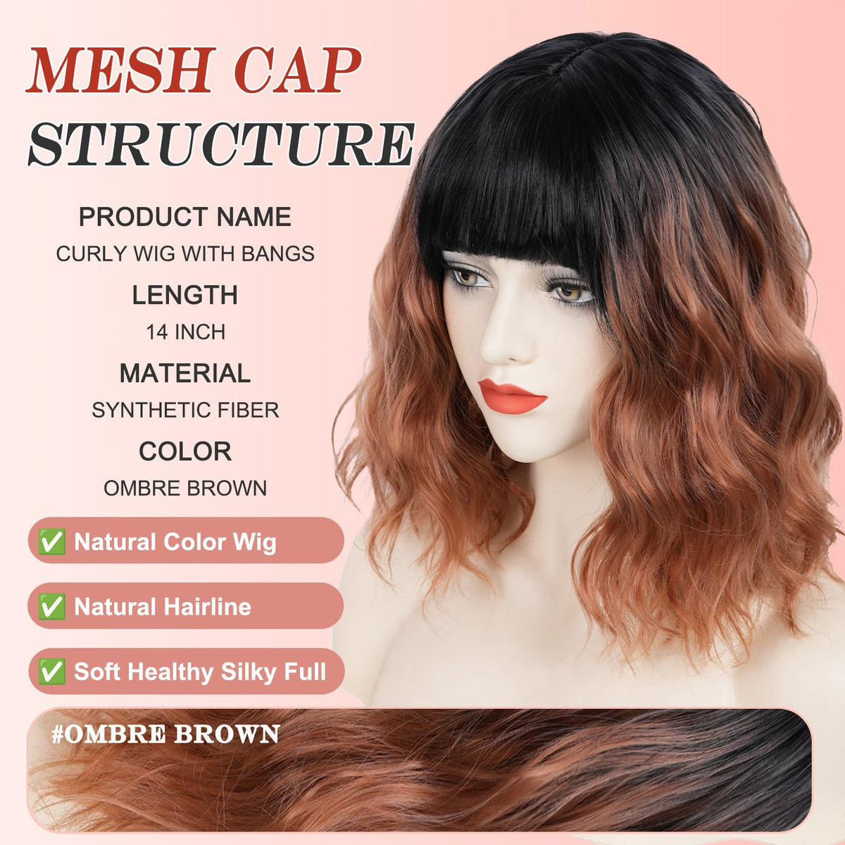 Short Black-grey Wavy Wig with Bangs for Women Halloween Curly Bob Wigs