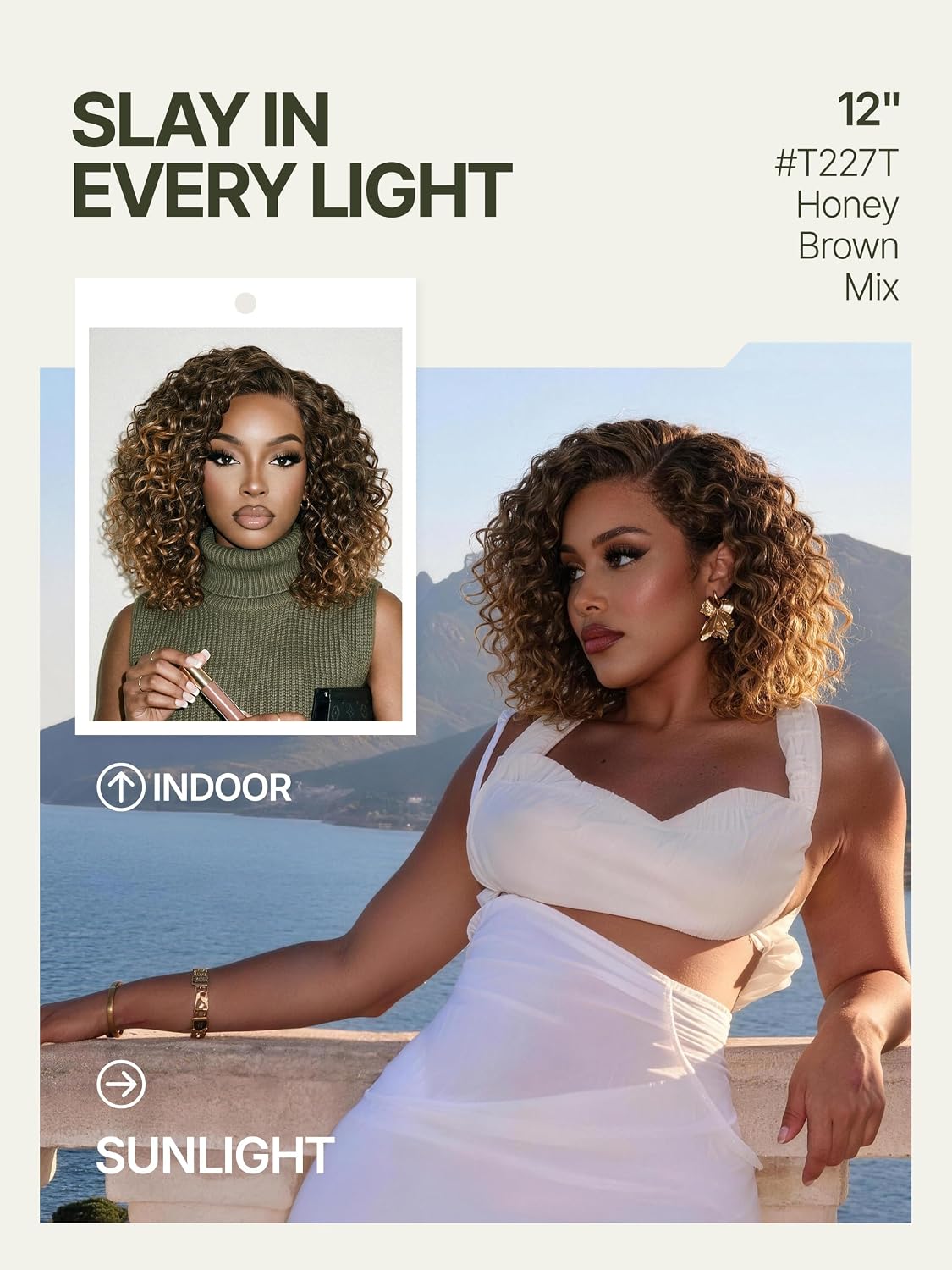 Frodio Curly Water Wave Glueless Wig 12'' Short Curly Wigs Honey Brown Mix