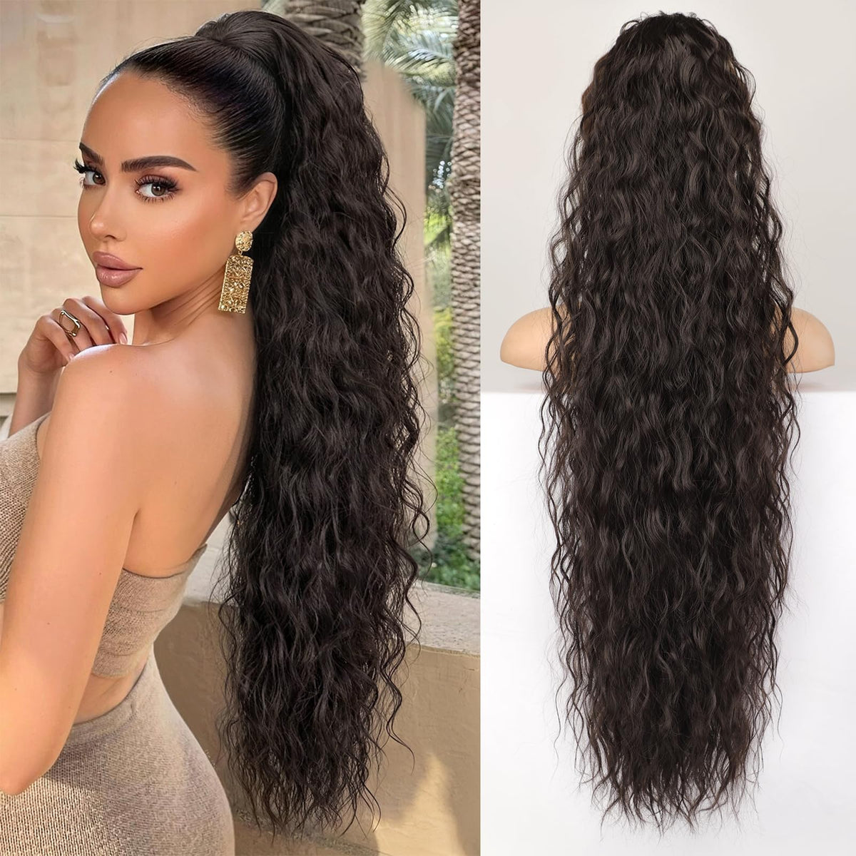 KooKaStyle Long Medium Brown Curly Synthetic Drawstring Ponytail Extension